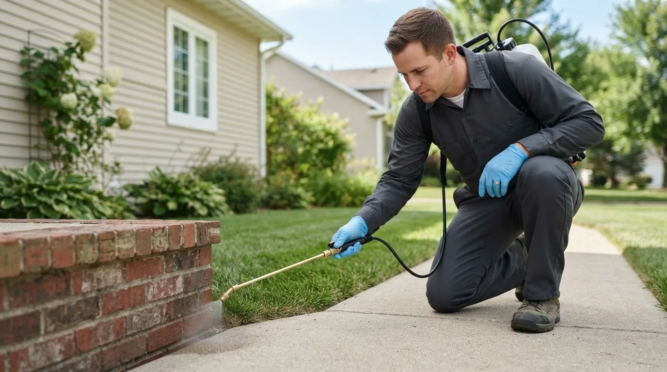 Pest control technician treating a home near Burney, CA